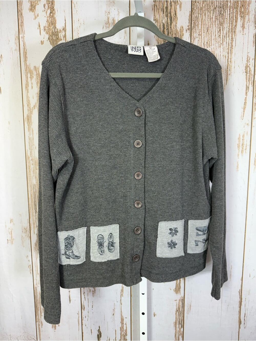 Line Two, Vintage Waffle Knit Cardigan with cute embroidered patches. Size Large